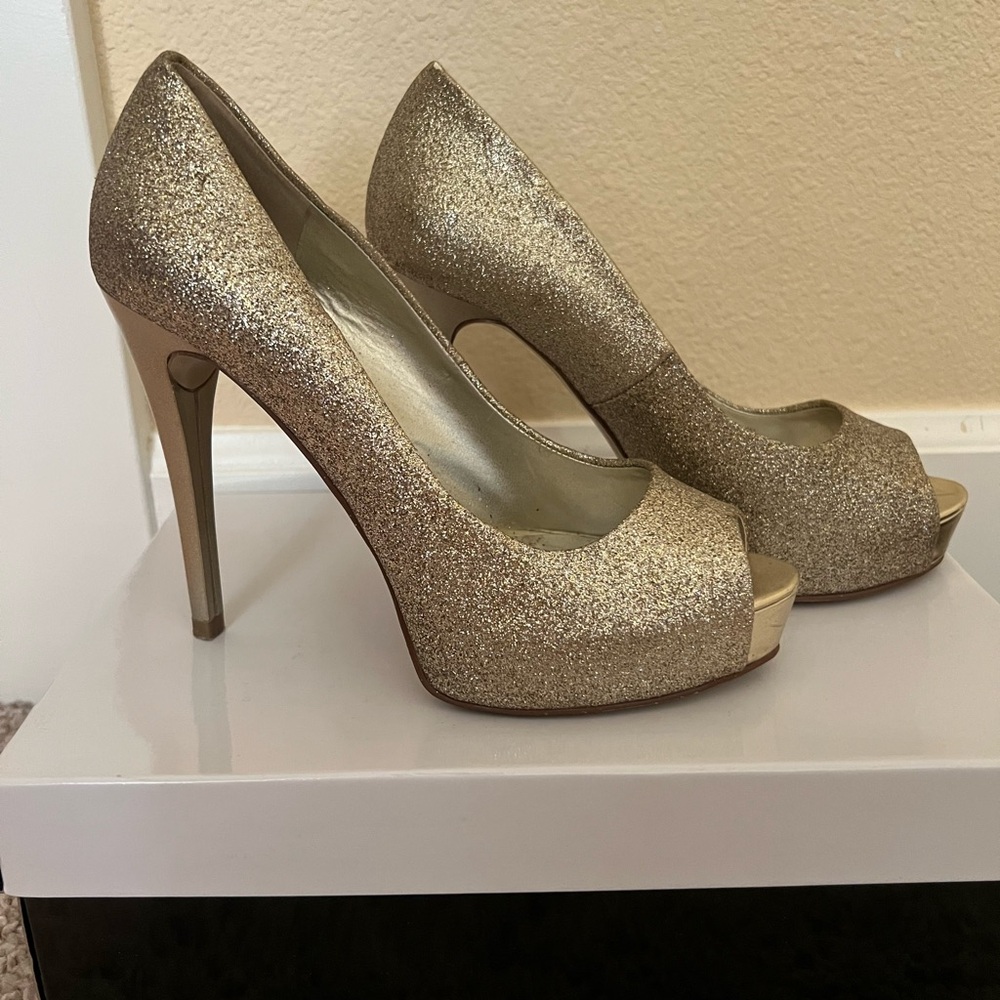 Guess Gold Glitter Peep-Toe Heels